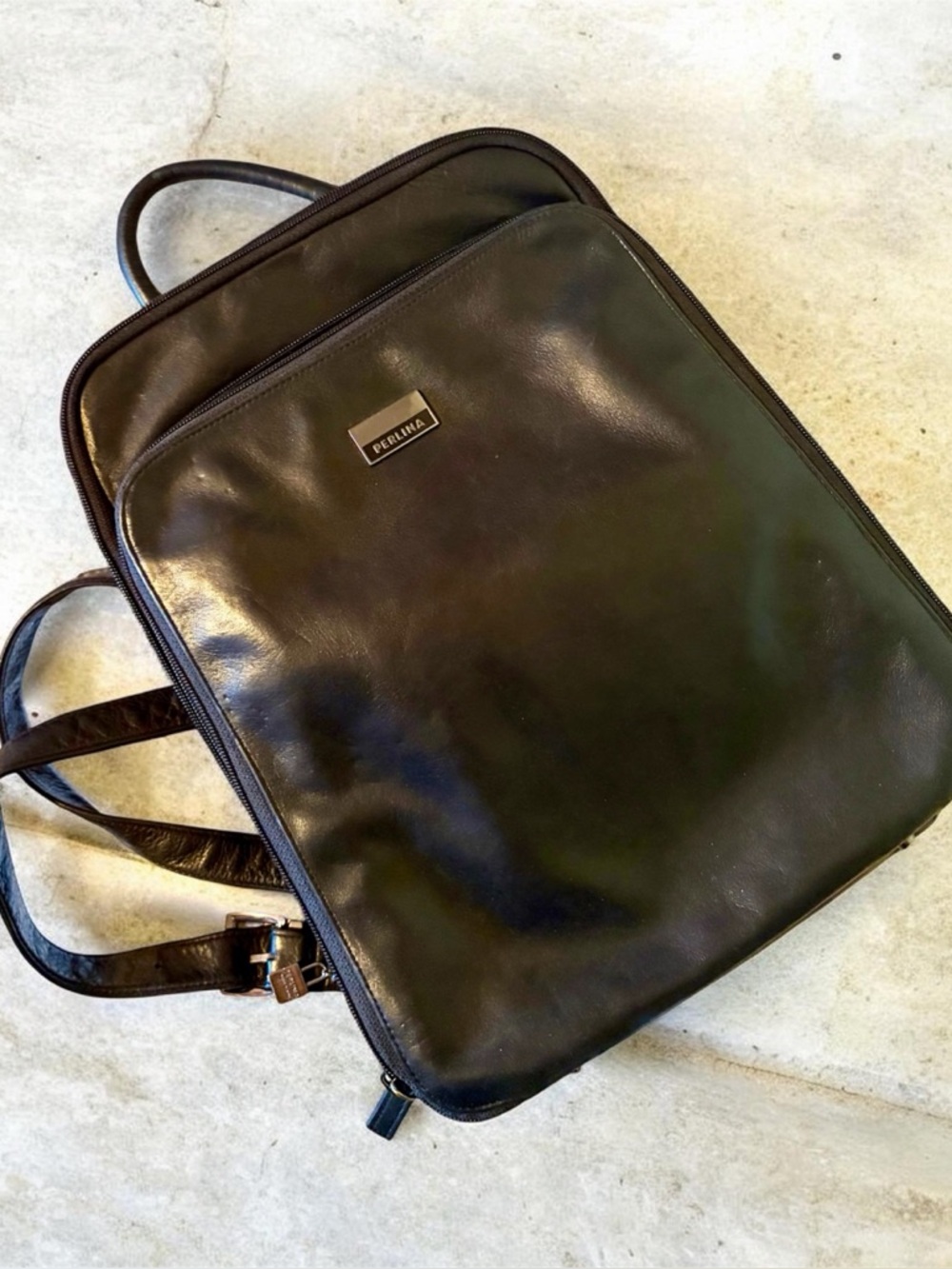 Perlina New York Leather Black Backpack Multi Pocket Adjustable Straps Classic